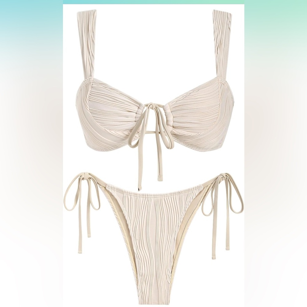 NWT ZAFUL Women's Cinched Bikini Solid Color Wave Textured Knotted Bikini.